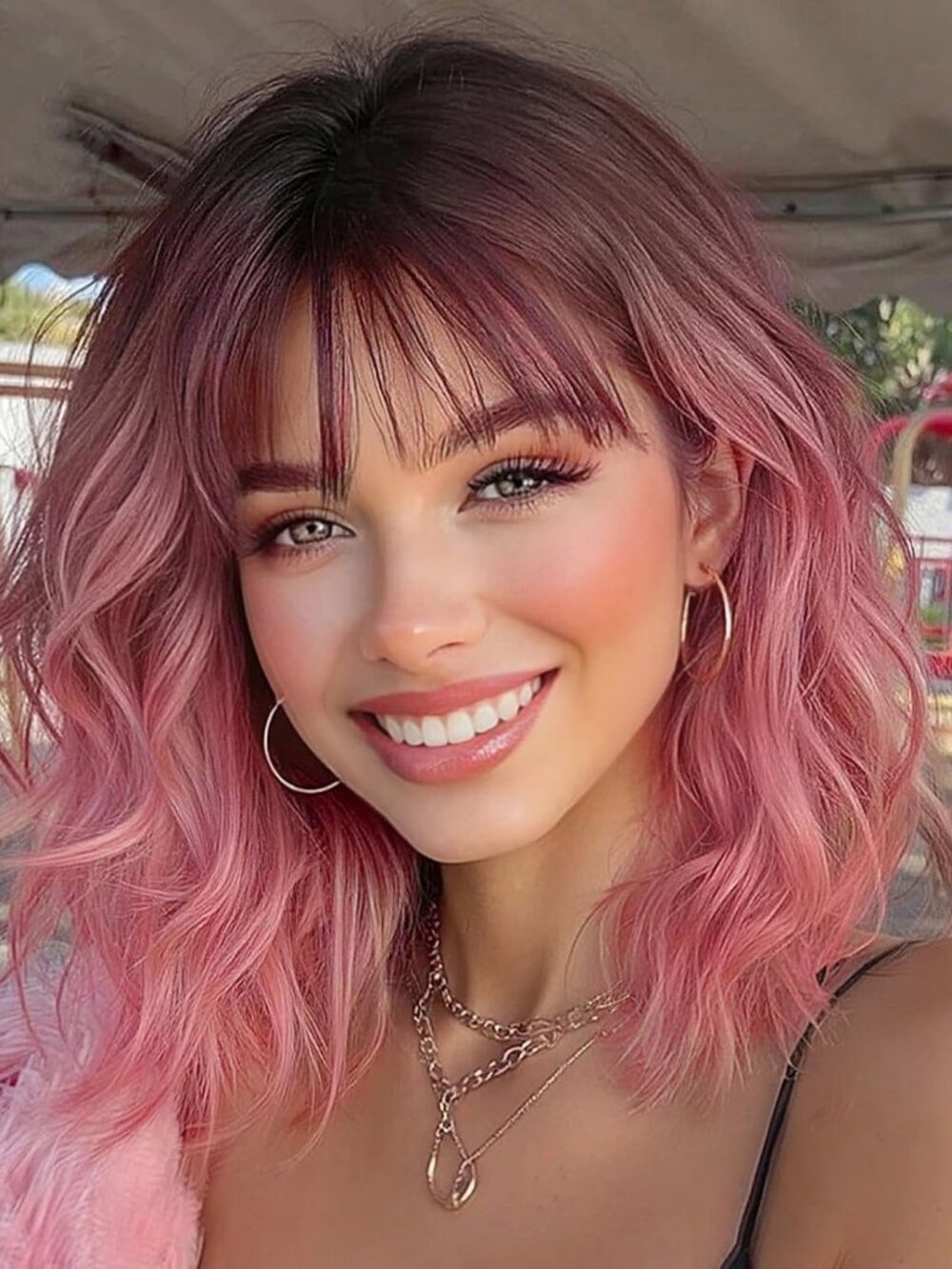 Women's Ombre Pink wavy Short Shoulder Curly with Bangs 16 Inch Synthetic Wig
